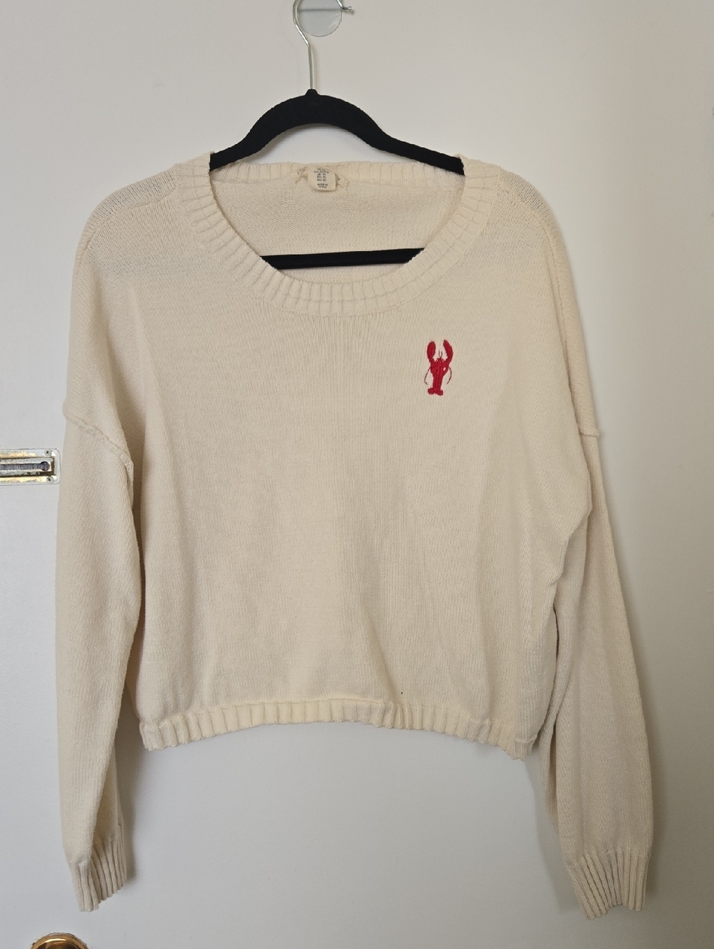 Cream Crewneck Sweater with Small Red Lobster Motif